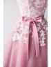 Ivory Lace Mauve Tulle V Back Knee Length Classic Bridesmaid Dress